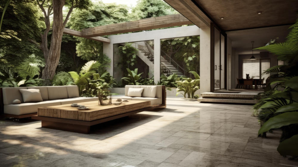 Área externa integrada com sofá modular, marcenaria em madeira e paisagismo, construção residencial de alto padrão