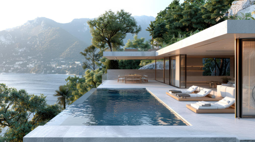 Piscina de borda infinita com deck em pedra e vista panorâmica, projeto residencial de alto padrão